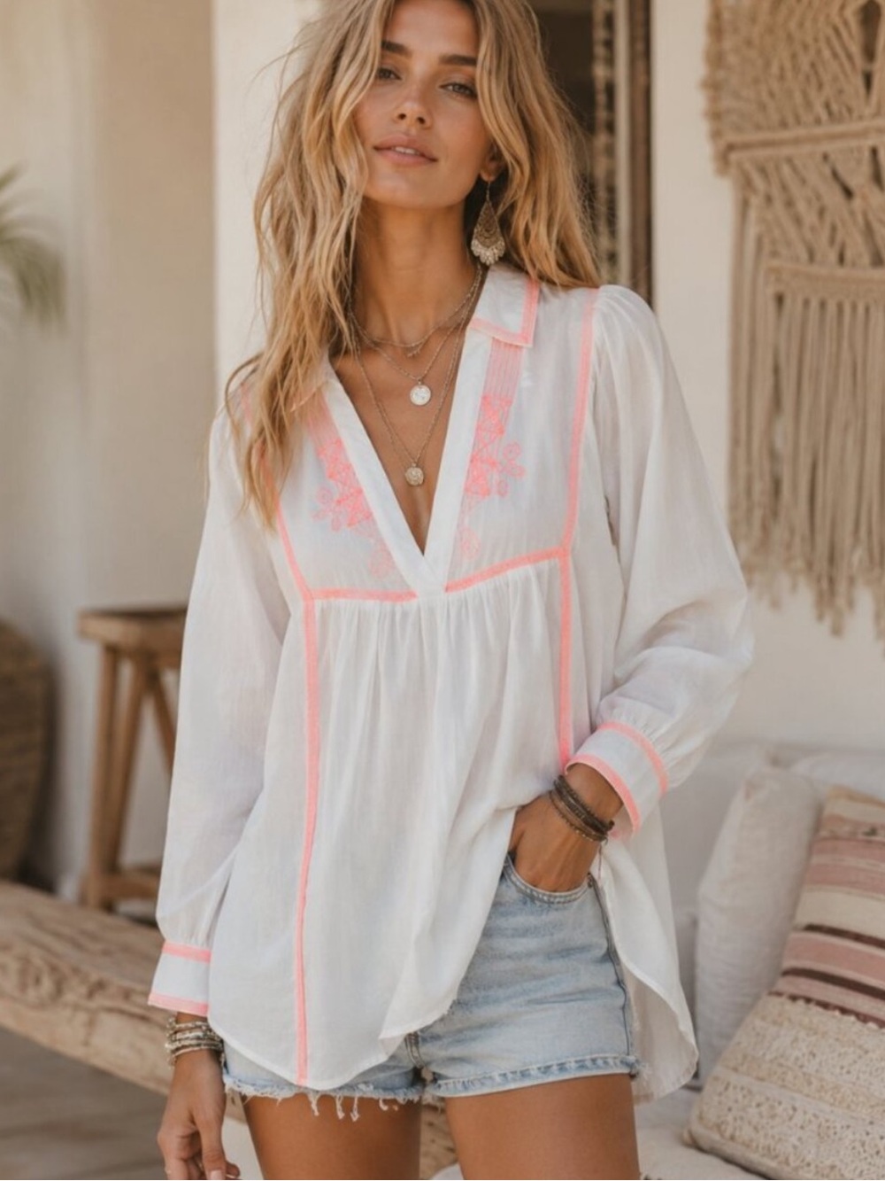 Pilcro Anthropologie Boho Lightweight White Peasant Blouse Hot Pink Trim Med